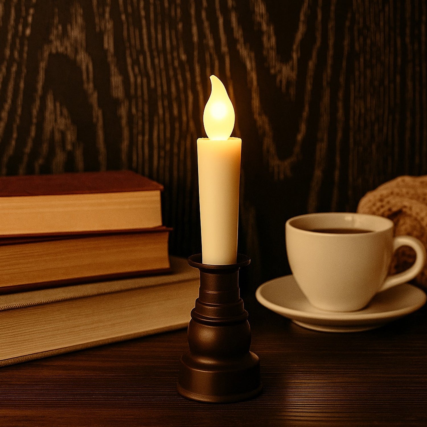 LED candle with holder creating a cozy ambience for festivals