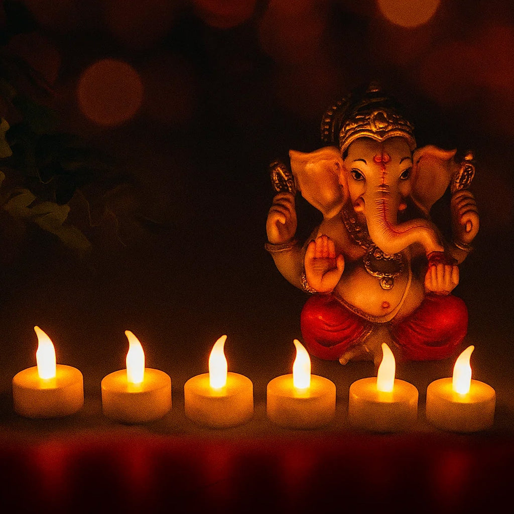 Closeup of LED candle light set illuminating warm ambience