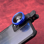 Closeup of wide-angle selfie lens with protective cover attached