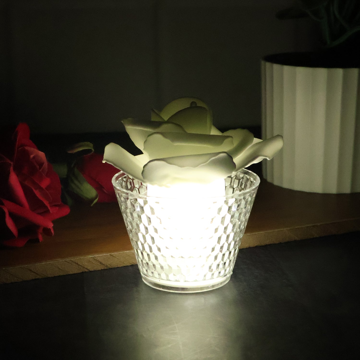 Romantic flame-free yellow light from rose shaped decorative LED candle