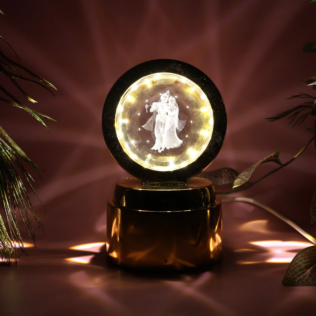 Golden base LED lamp with Radhe Krishna 3D figure inside crystal ball