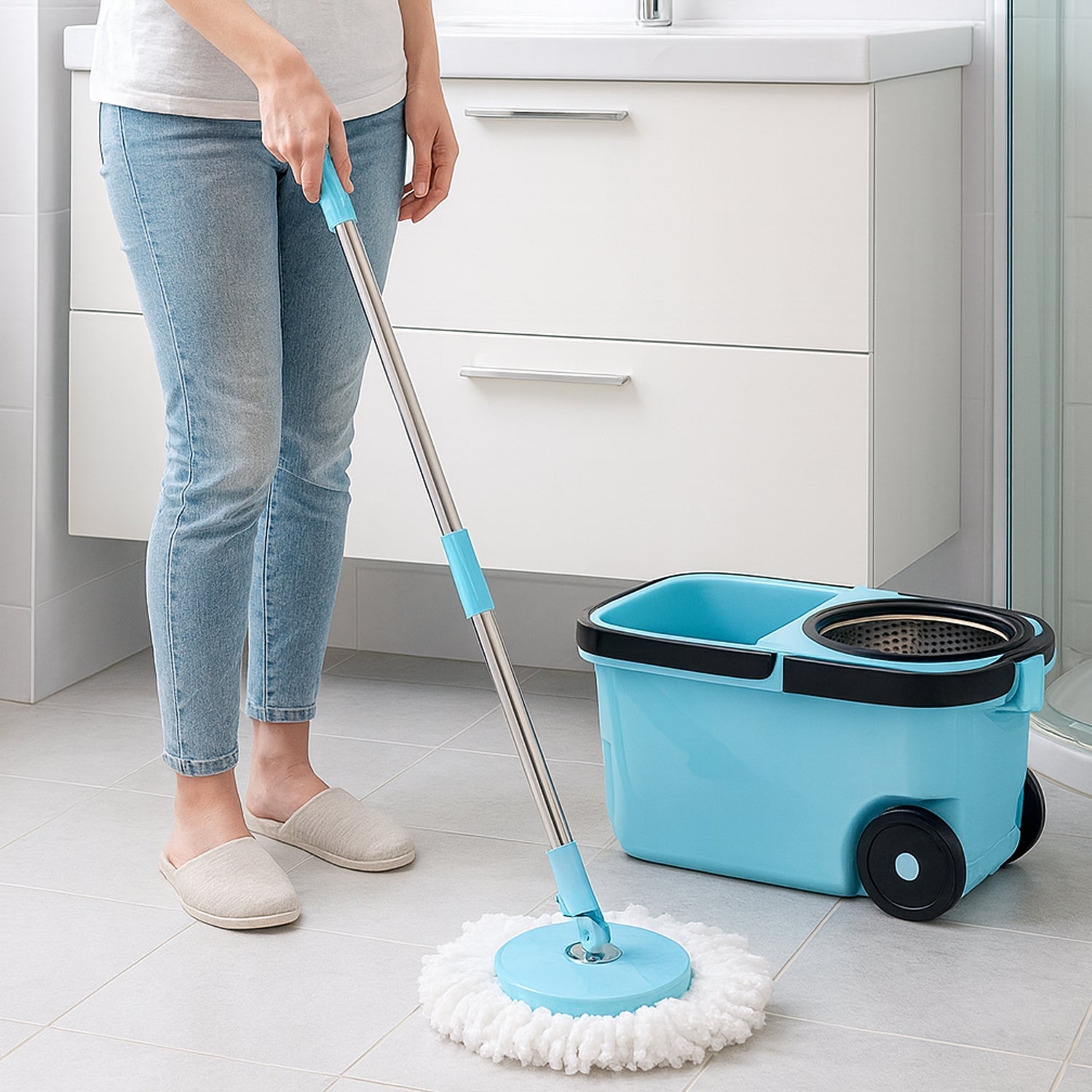 Close-up of microfiber mop head on 360° rotating mop