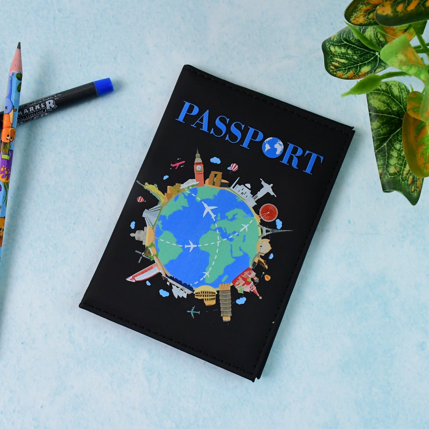 World Map Passport Holder Cover with vibrant global landmarks print