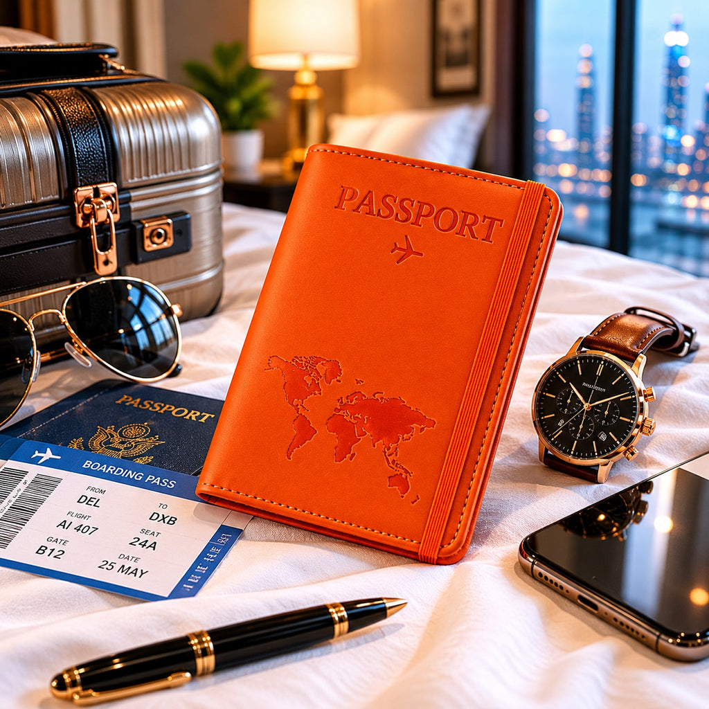 Open travel wallet showing organized compartments for passport and cards
