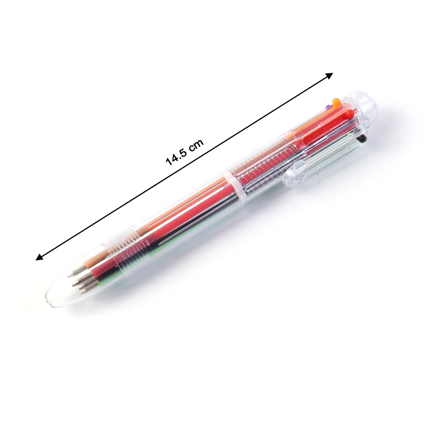 Transparent body multicolor pen with smooth ball point tips writing on paper.