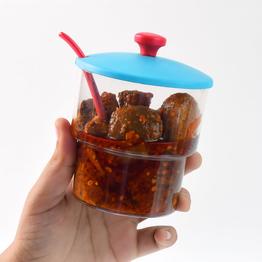 Organized pickle and spice containers with color-coded airtight lids