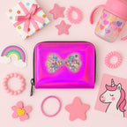 Cute kids wallet with bow-shaped floating glitter window and vibrant holographic finish