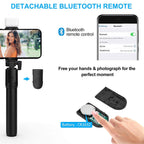 Selfie stick with tripod and lighting features ideal for content creation
