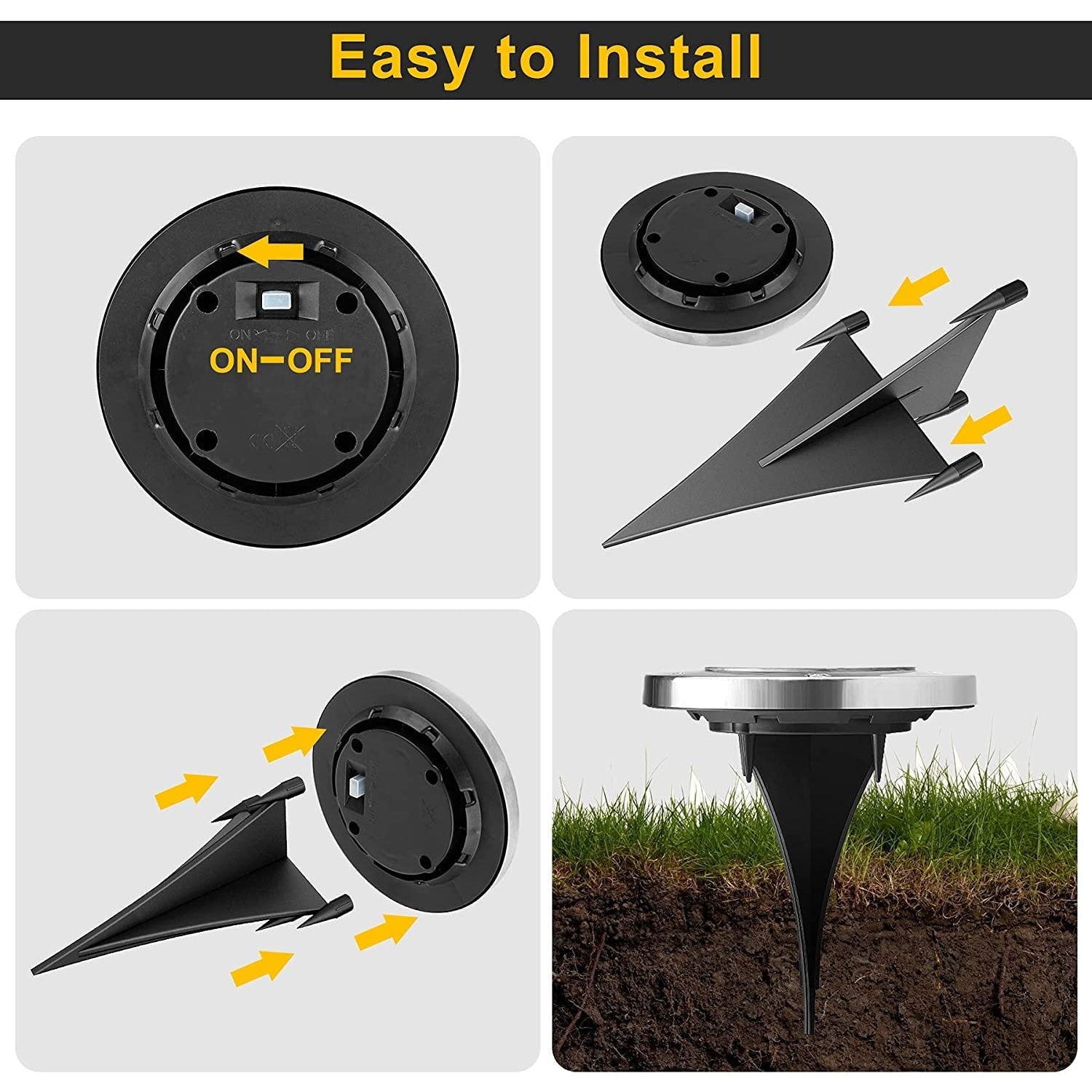 Stainless steel solar powered LED light inserted into grassy outdoor lawn with ground stake