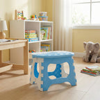 Child using foldable step stool at bathroom sink for easy reach