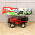 Outdoor scene of kids riding friction powered toy jeep for adventure