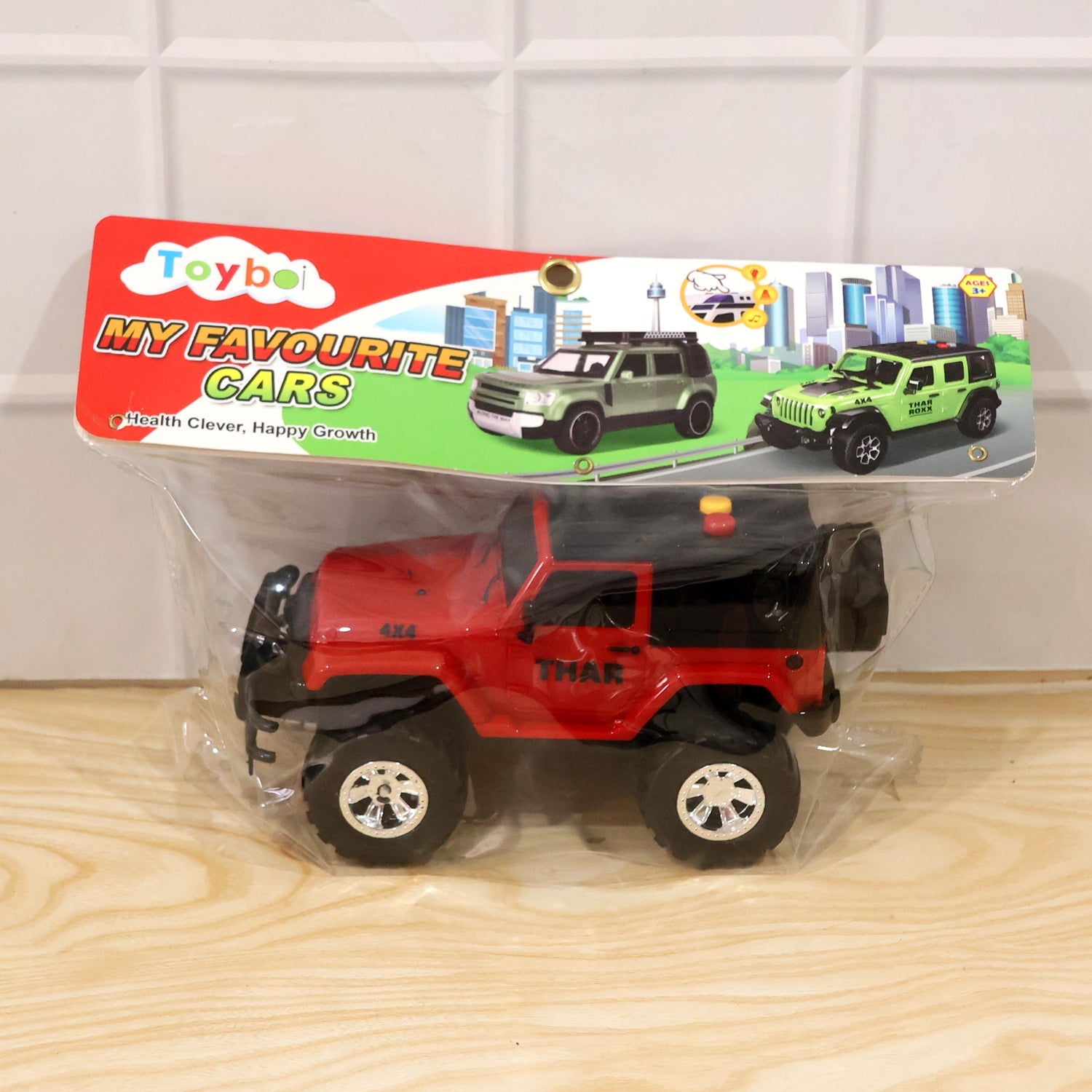 Outdoor scene of kids riding friction powered toy jeep for adventure