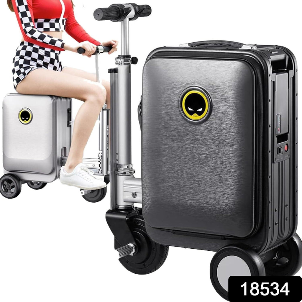 Person riding the  Electric Scooter Suitcase through an airport terminal, showcasing effortless mobility.