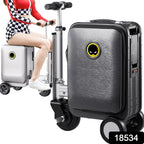 Person riding the  Electric Scooter Suitcase through an airport terminal, showcasing effortless mobility.