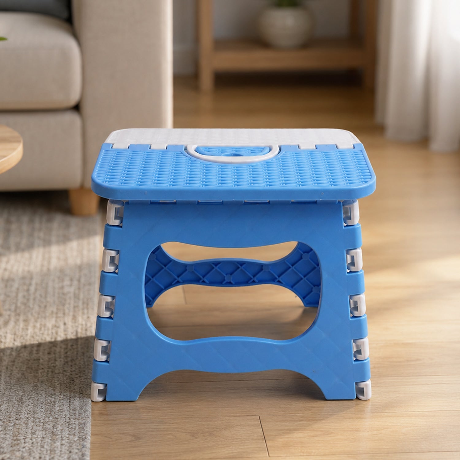 Sturdy plastic stool, angled view