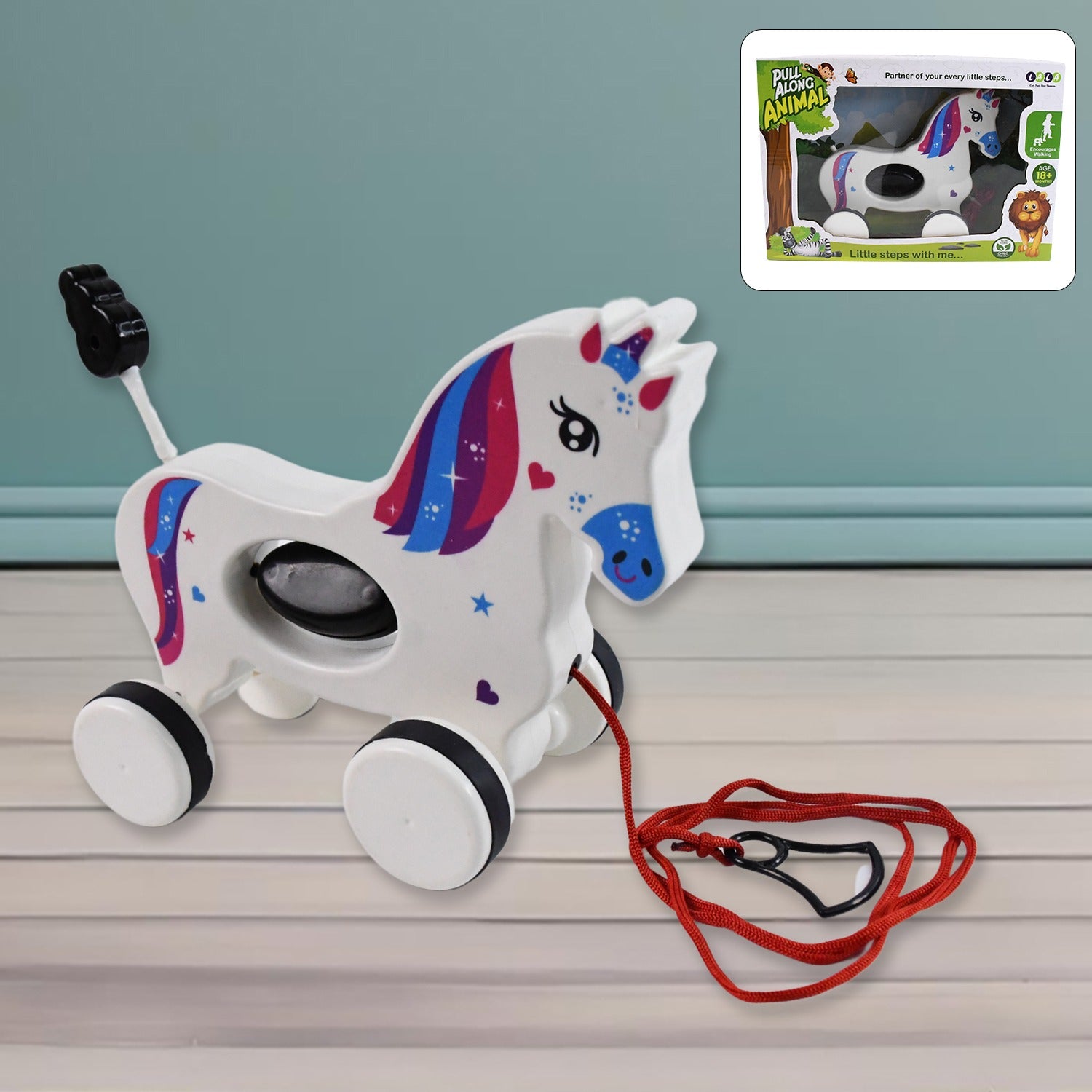 Unicorn pull along toy with rainbow mane and tail designed for toddler walking development