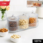 Close-up of dry fruit storage jar with clear ribbed glass and lift-top lid