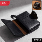 Compact black card holder wallet with multiple card slots open