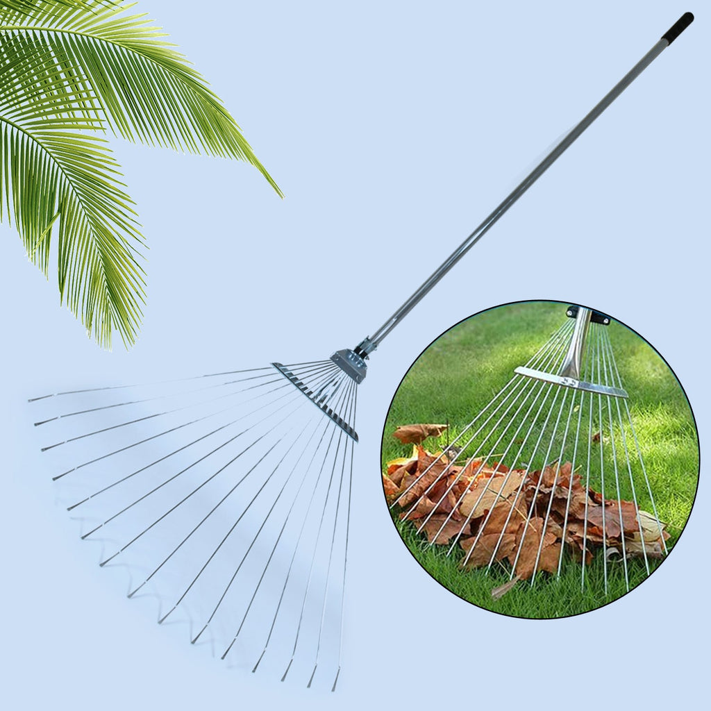 Full view of the adjustable stainless steel garden rake with its telescopic handle.