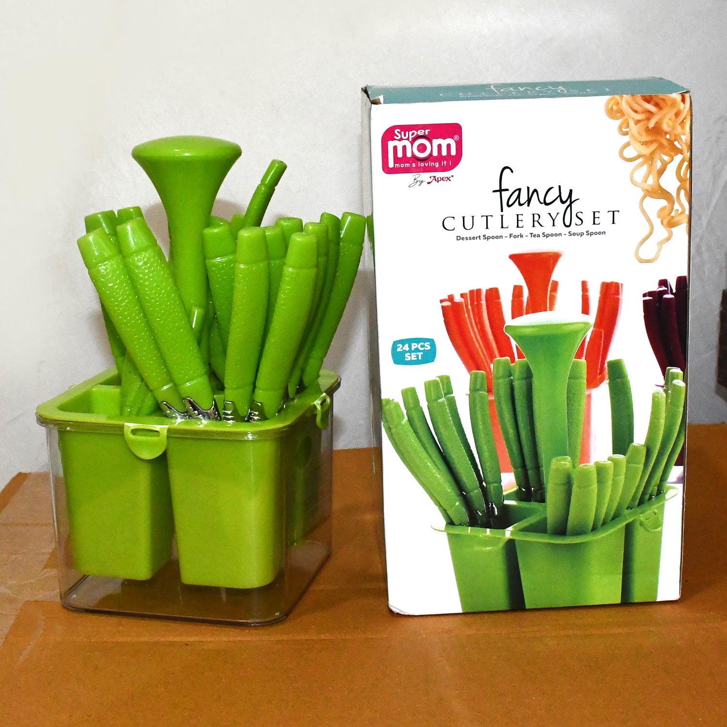 Modern kitchen cutlery set with stainless steel flatware and holder