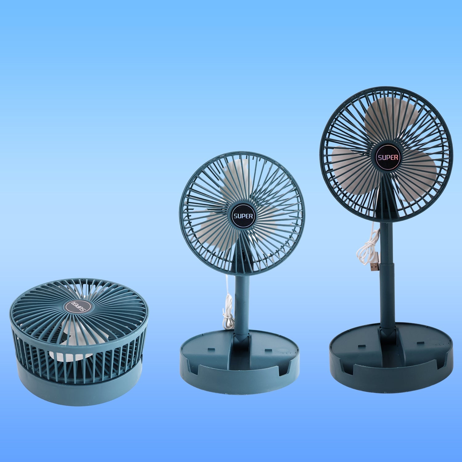 The Portable Desktop Fan fully folded down, emphasizing its travel-friendly design.