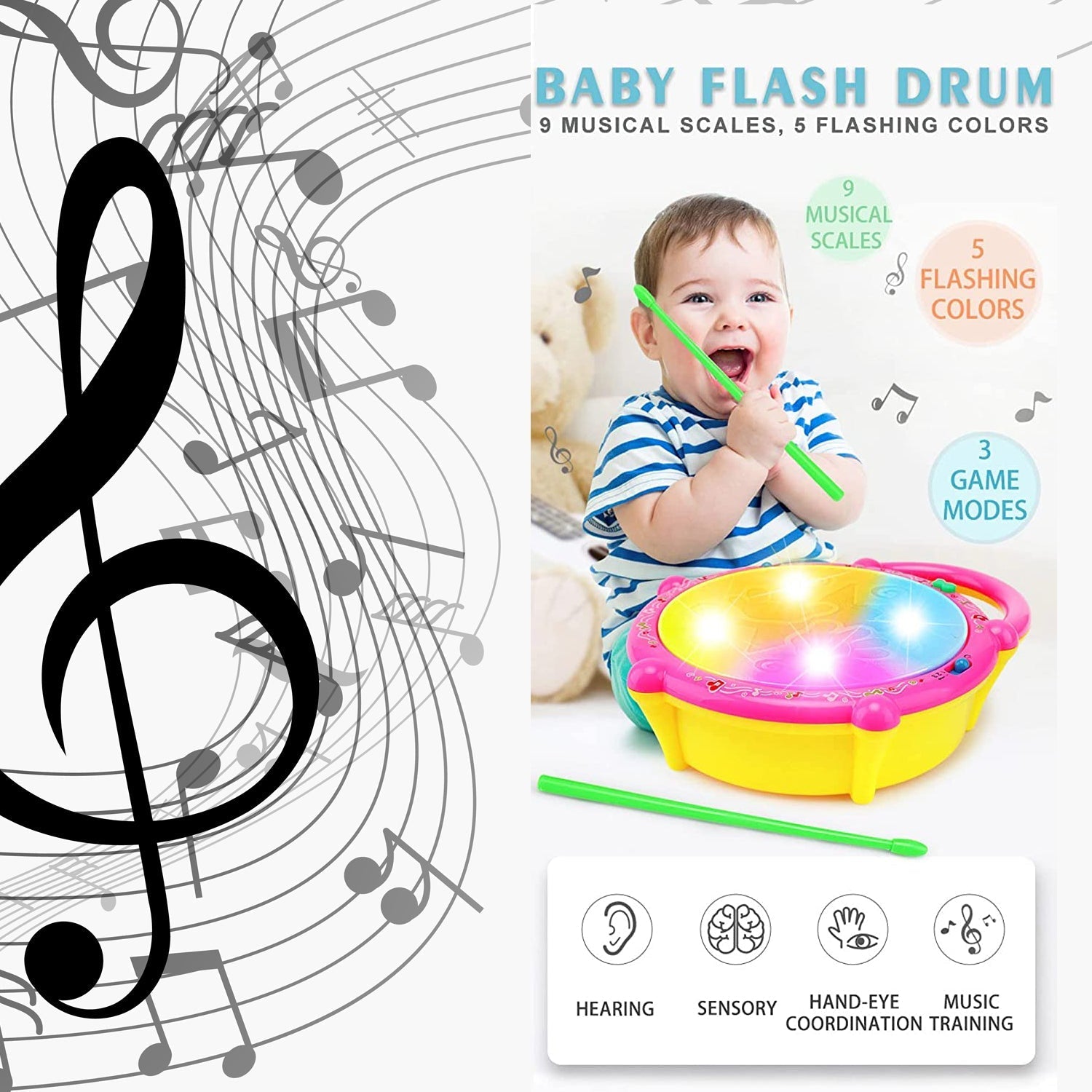 The Flash Drum Toy in action, providing interactive light and sound entertainment for babies.