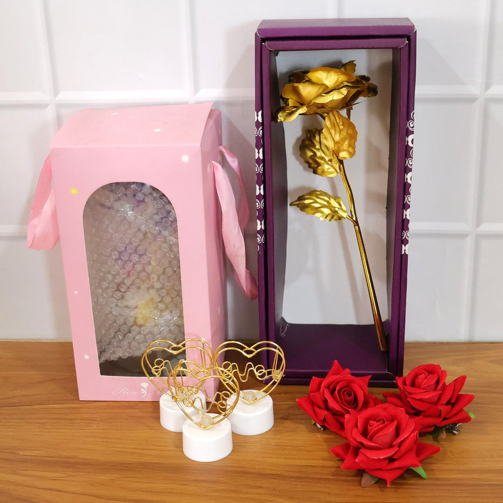 Complete view of the romantic gift set with glass dome rose