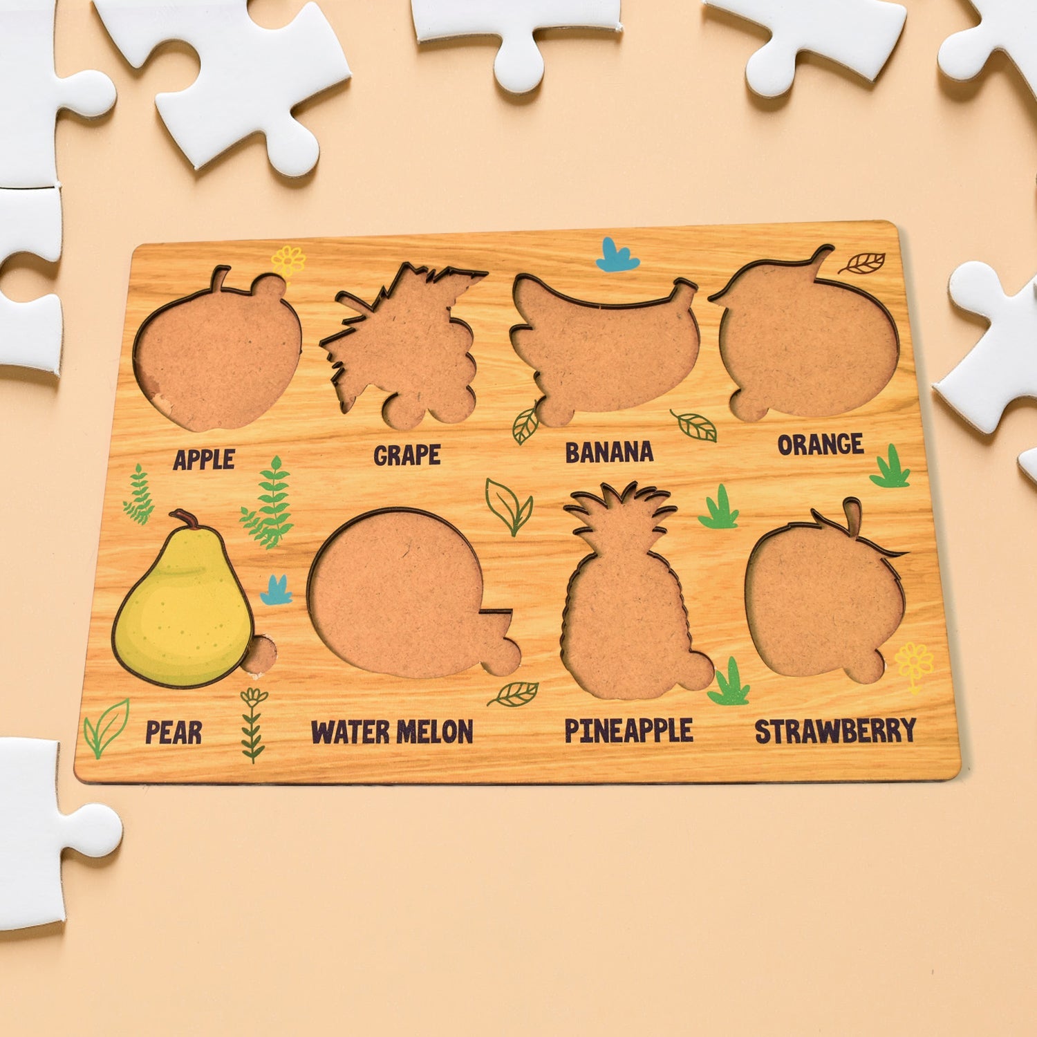 Child happily engaging with the wooden fruit learning board, developing motor skills.