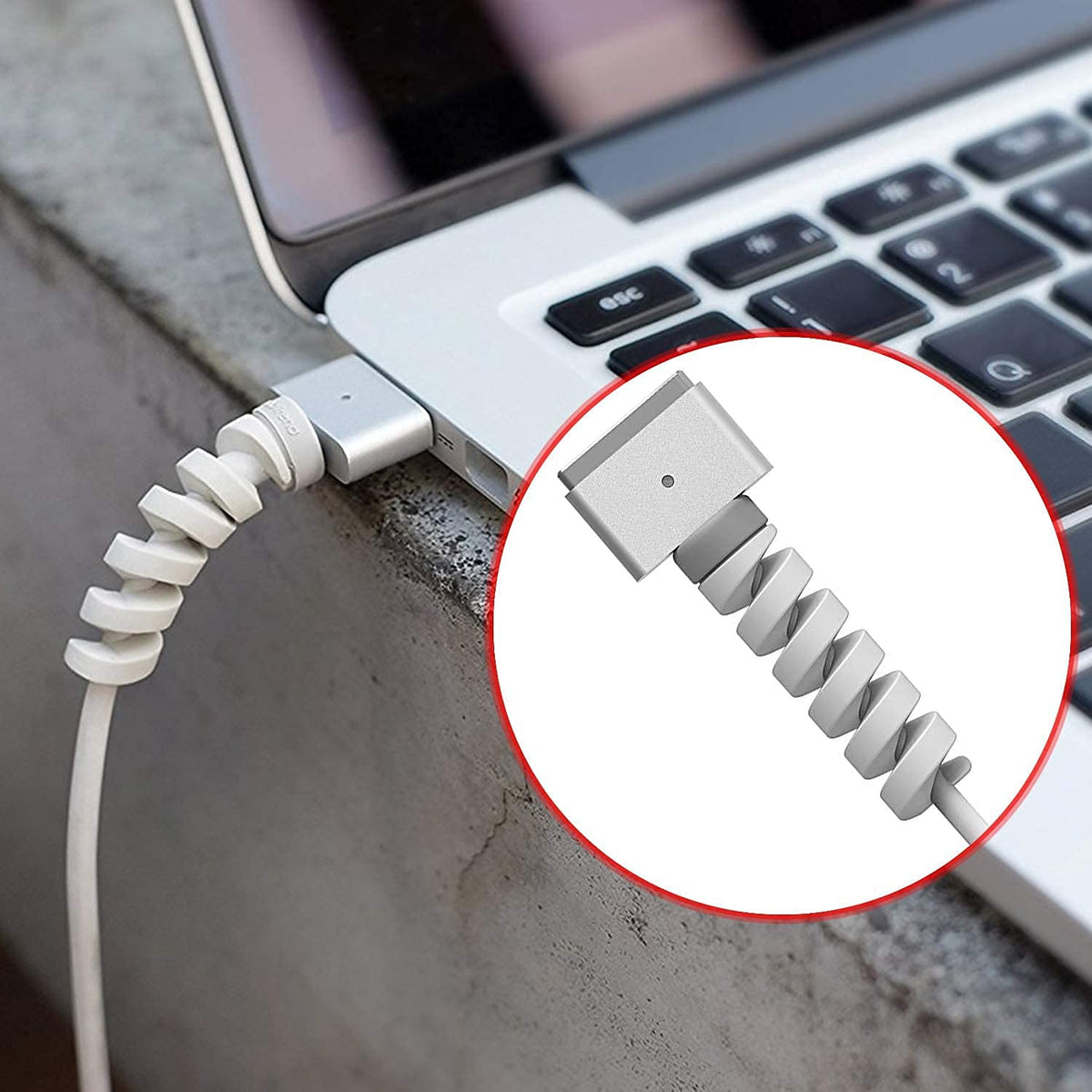 Set of four durable spiral cable protectors for charger and data cables.