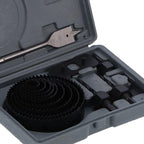An image showing the various accessories that come with the 18-piece Hole Saw Kit, ready for use.