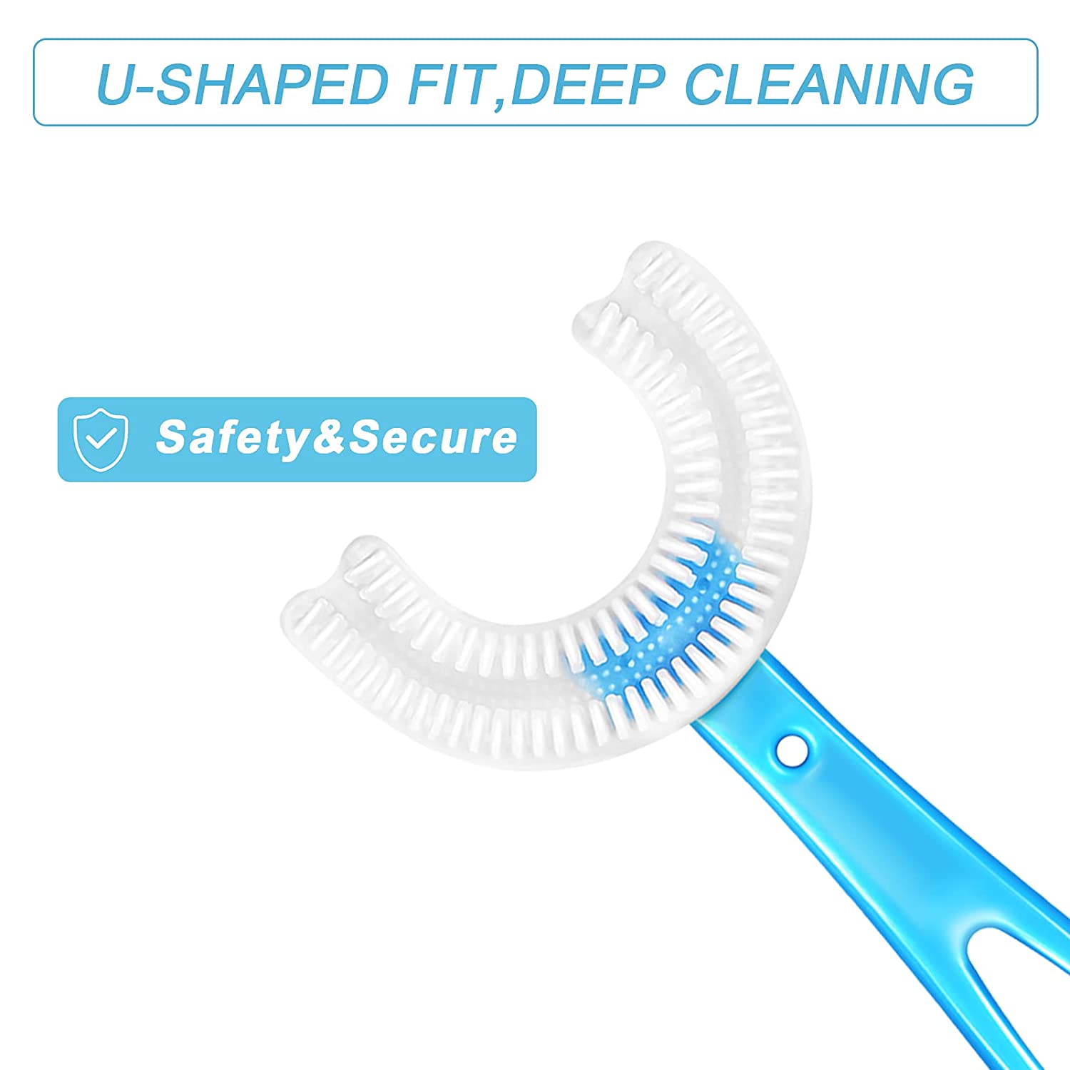 Kids U-shaped toothbrush with soft bristles for convenient and thorough cleaning.