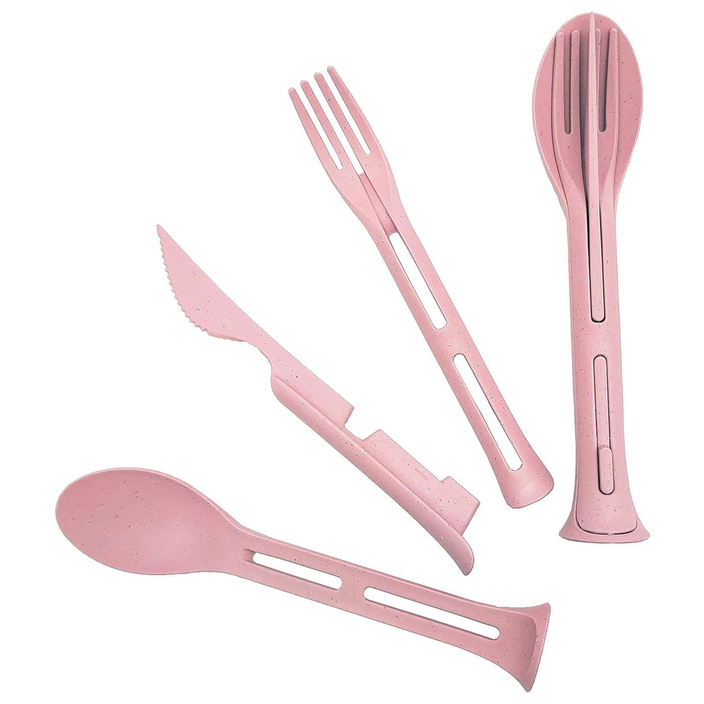 A hand holding the reusable fork from the set, demonstrating its comfortable grip during a meal.