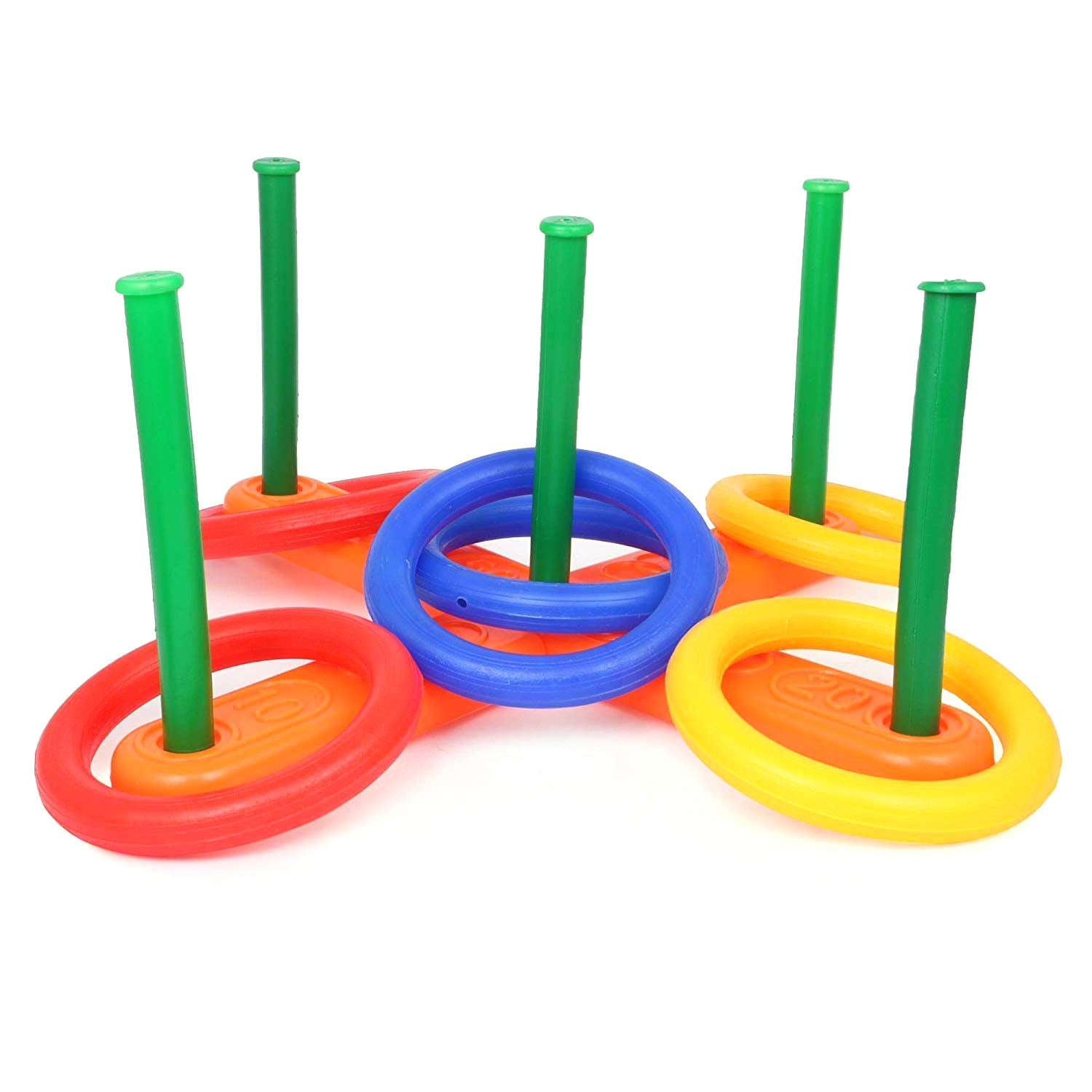 A child aiming a ring at the target in a Ring Toss Game.