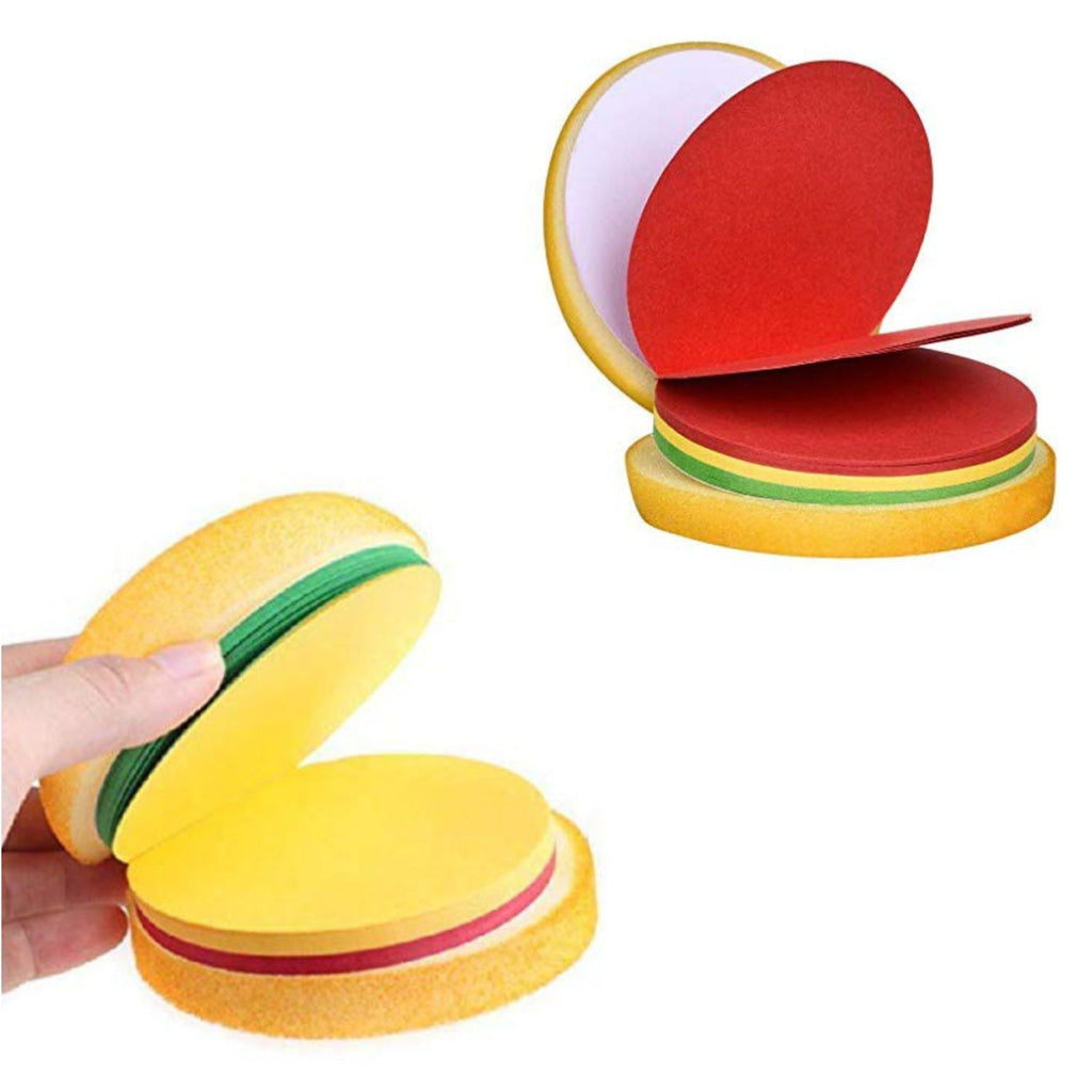 Multiple burger memo pads arranged creatively on a desk, adding a fun touch to office stationery.