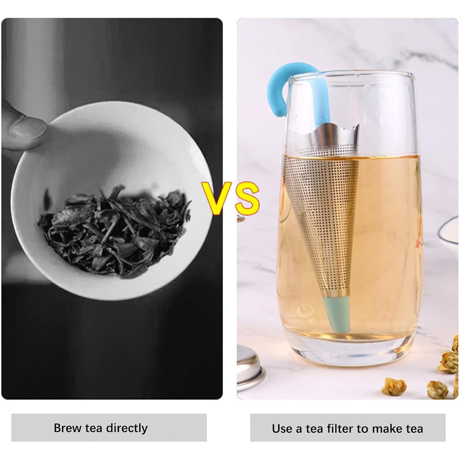 The umbrella tea strainer shown open with loose tea leaves inside.