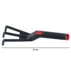 Close-up of lightweight plastic garden cultivator tool