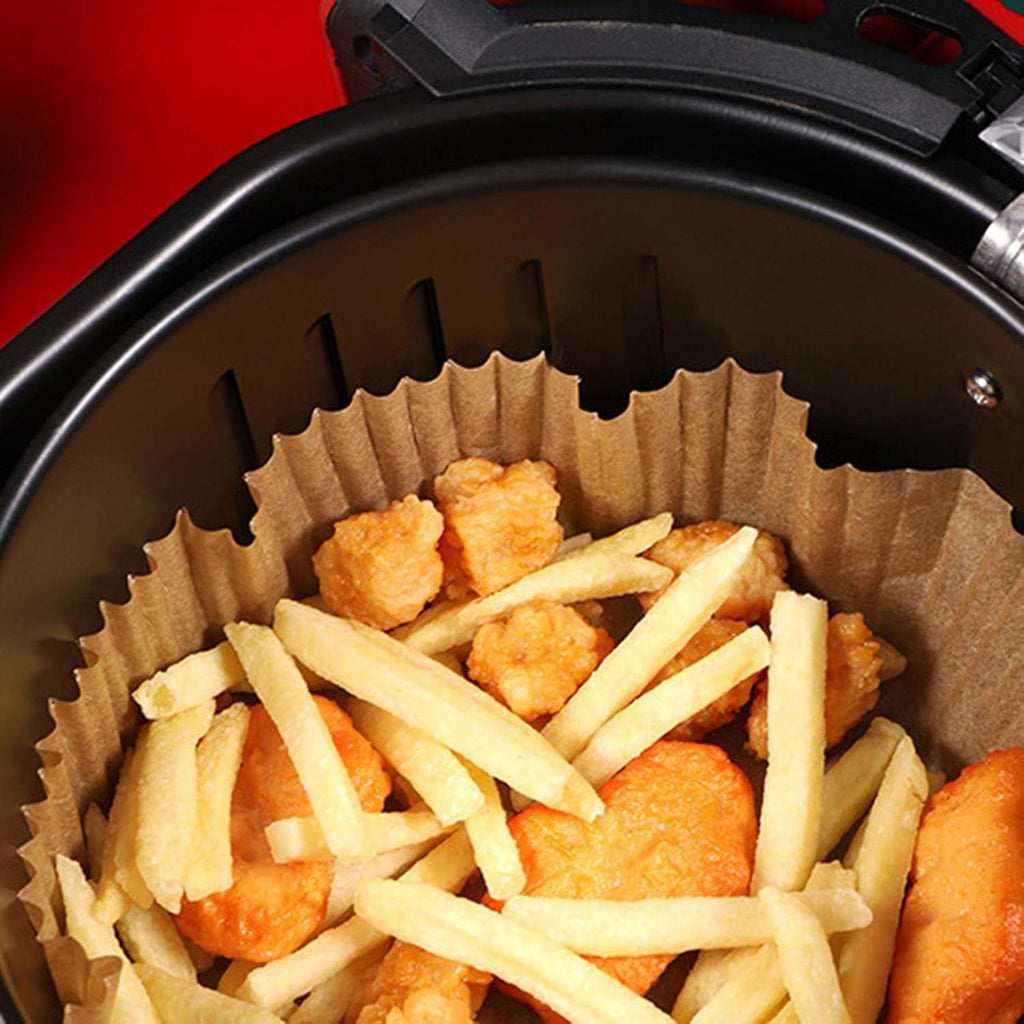 Close-up of the non-stick parchment paper air fryer liner, showcasing its texture.