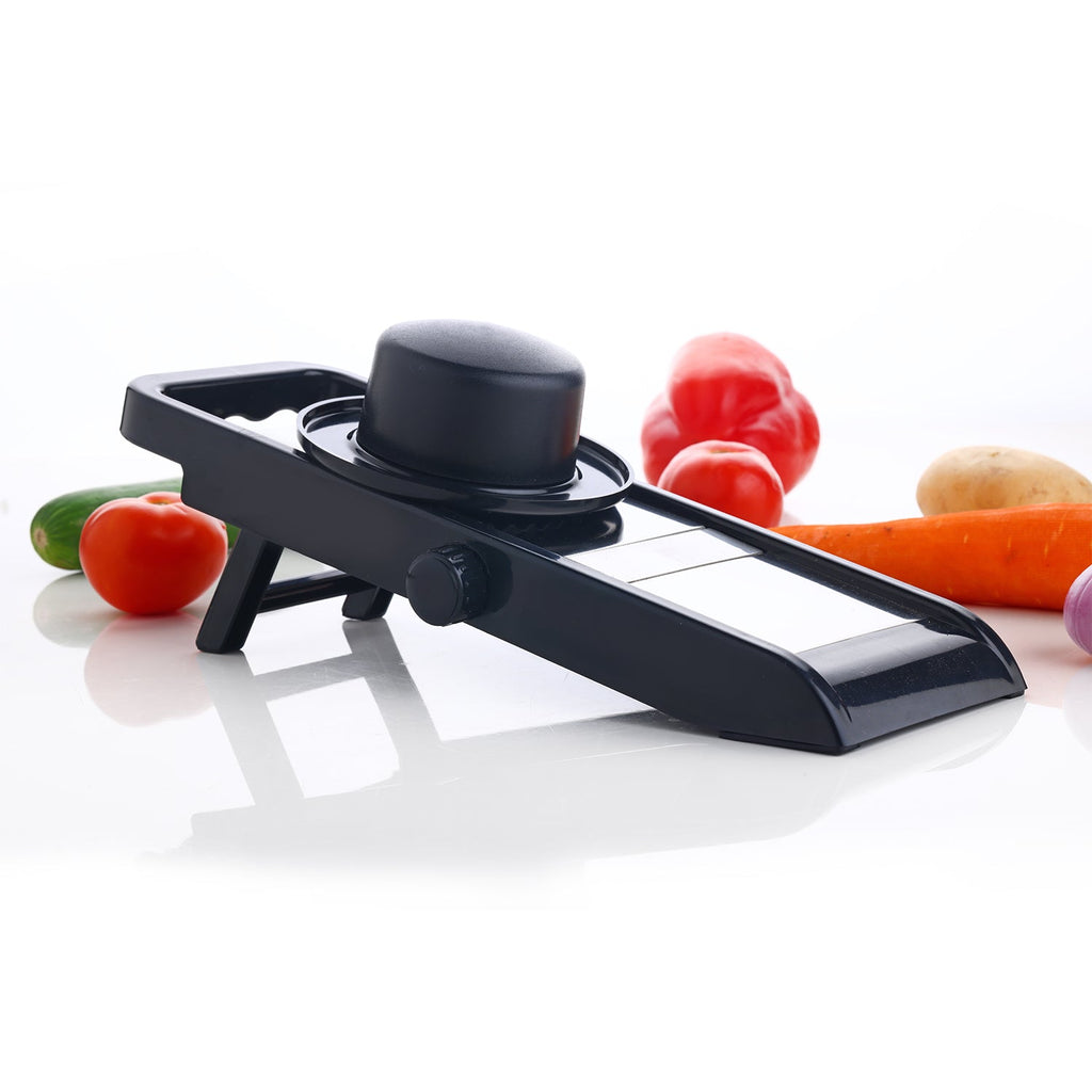 Ganesh adjustable slicer showing various thickness settings for different vegetables.