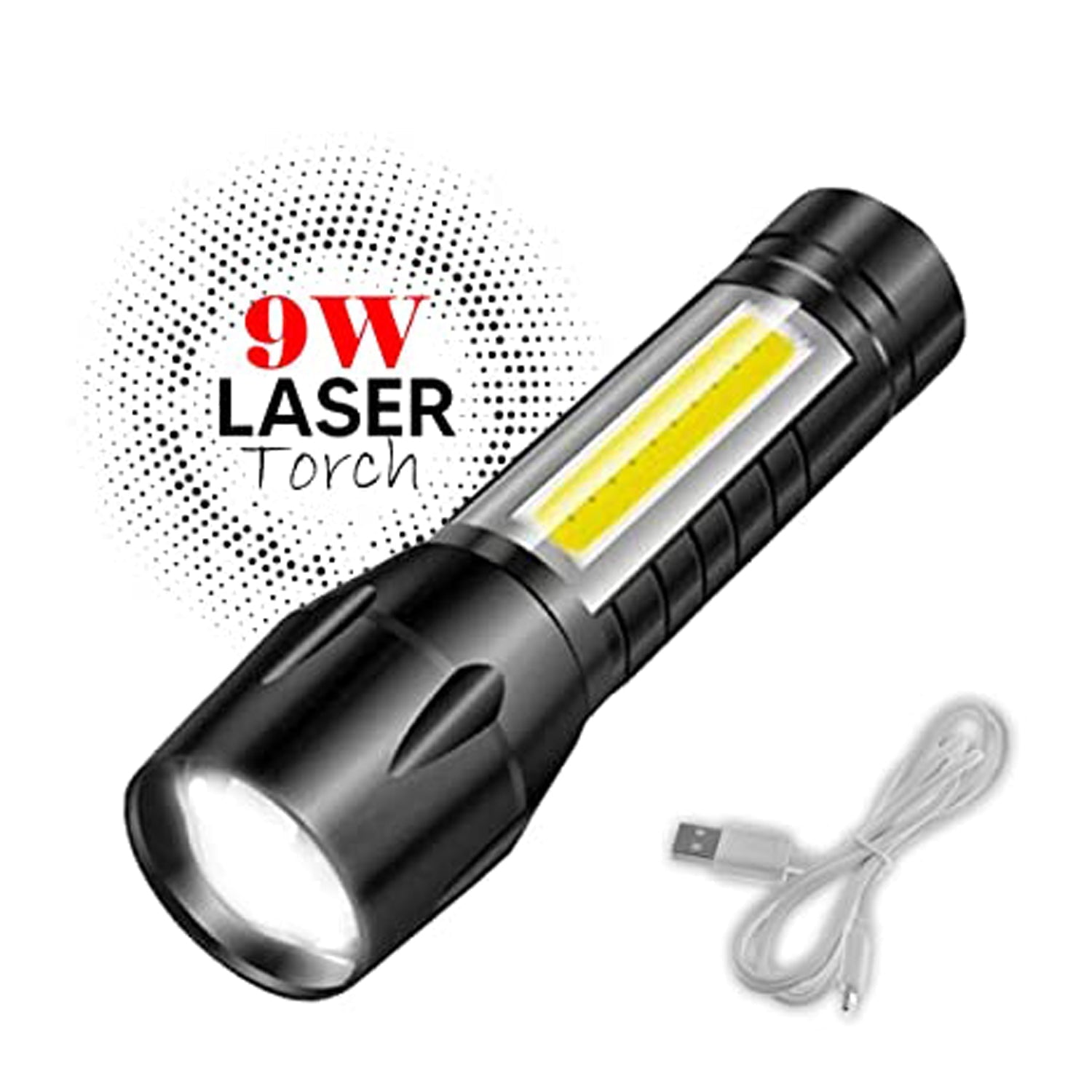 Rechargeable LED flashlight with its USB charging port visible.