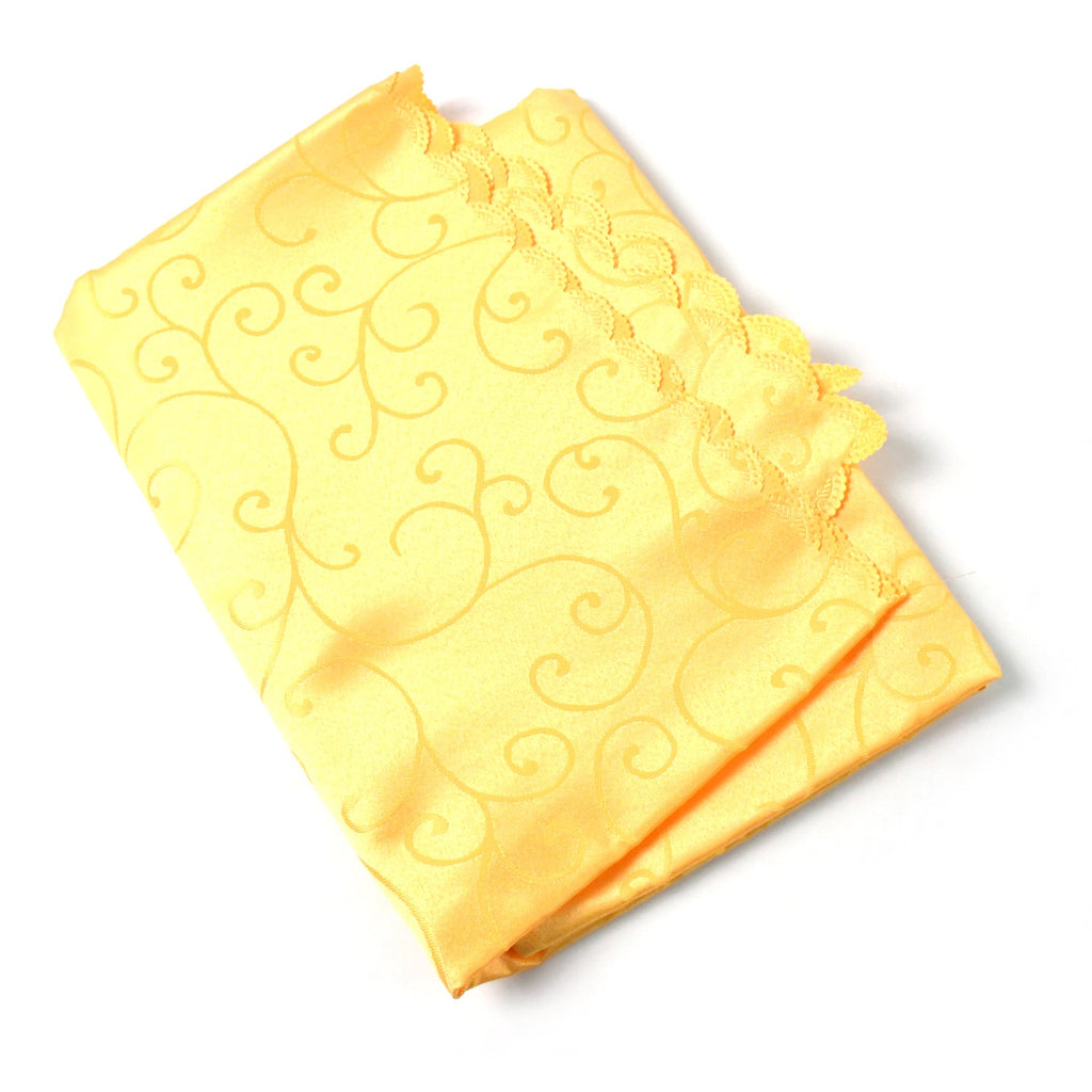 Yellow jacquard styled polyester table cloth designed for party and banquet decor.