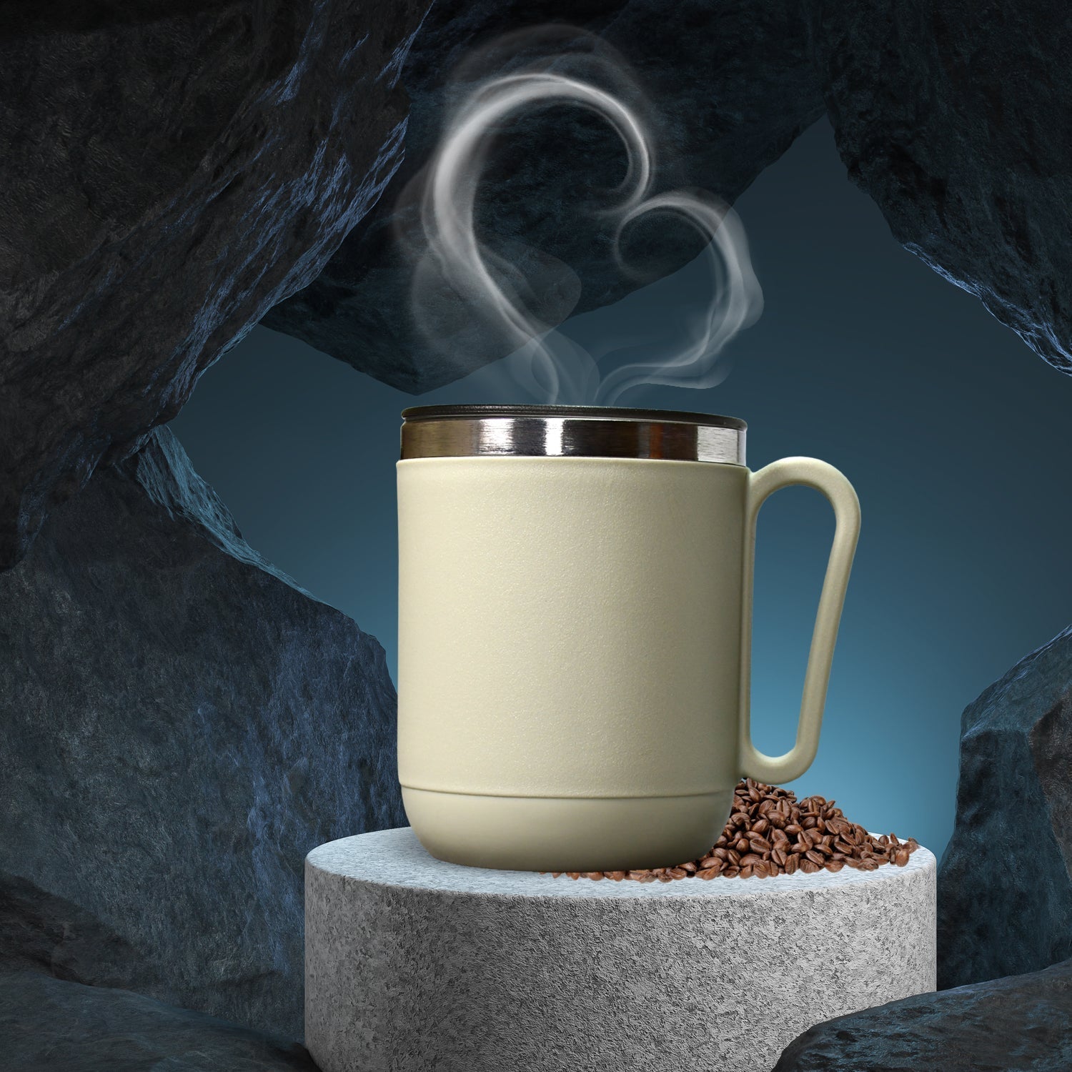 A Ganesh 400ml stainless steel coffee mug with its heat-resistant lid.