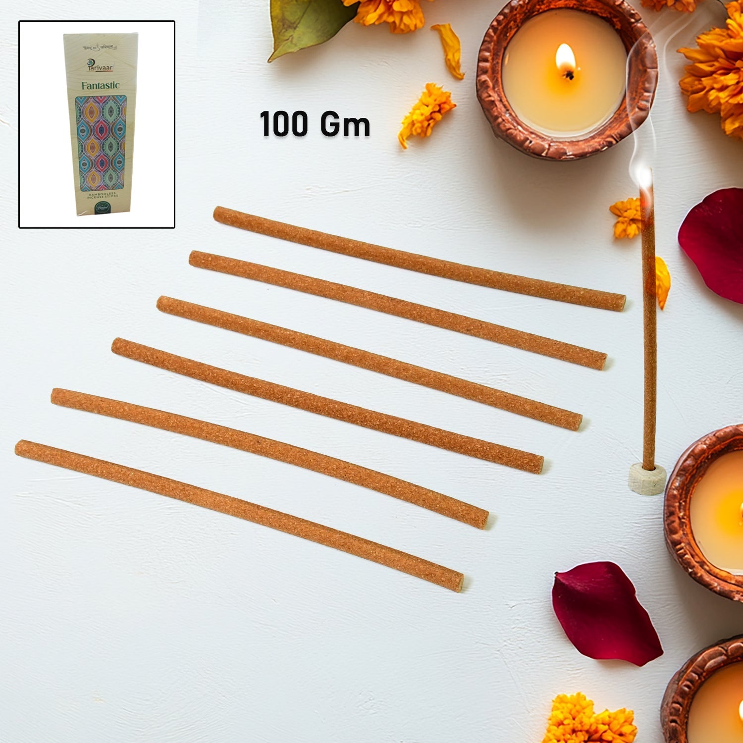 Multiple Bela Ke Phool incense sticks arranged aesthetically for meditation.