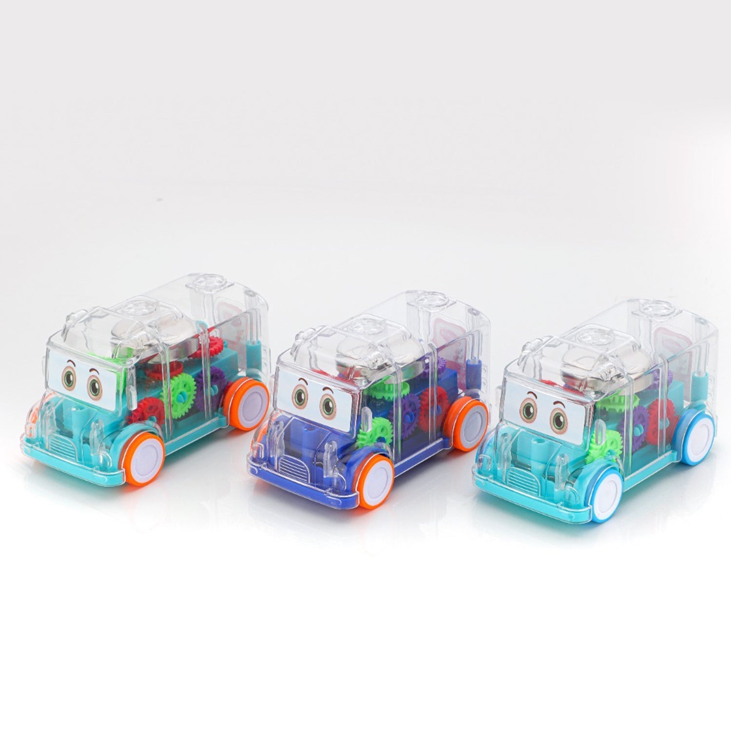 A transparent musical school bus toy with visible colorful gears and lights.