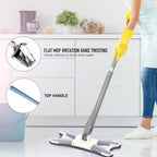 Adjustable flat mop effectively cleaning a high wall surface, showcasing its reach.