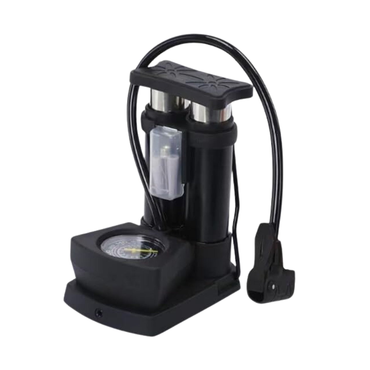 Angled view of the Safora mini bike pump, highlighting its robust construction.
