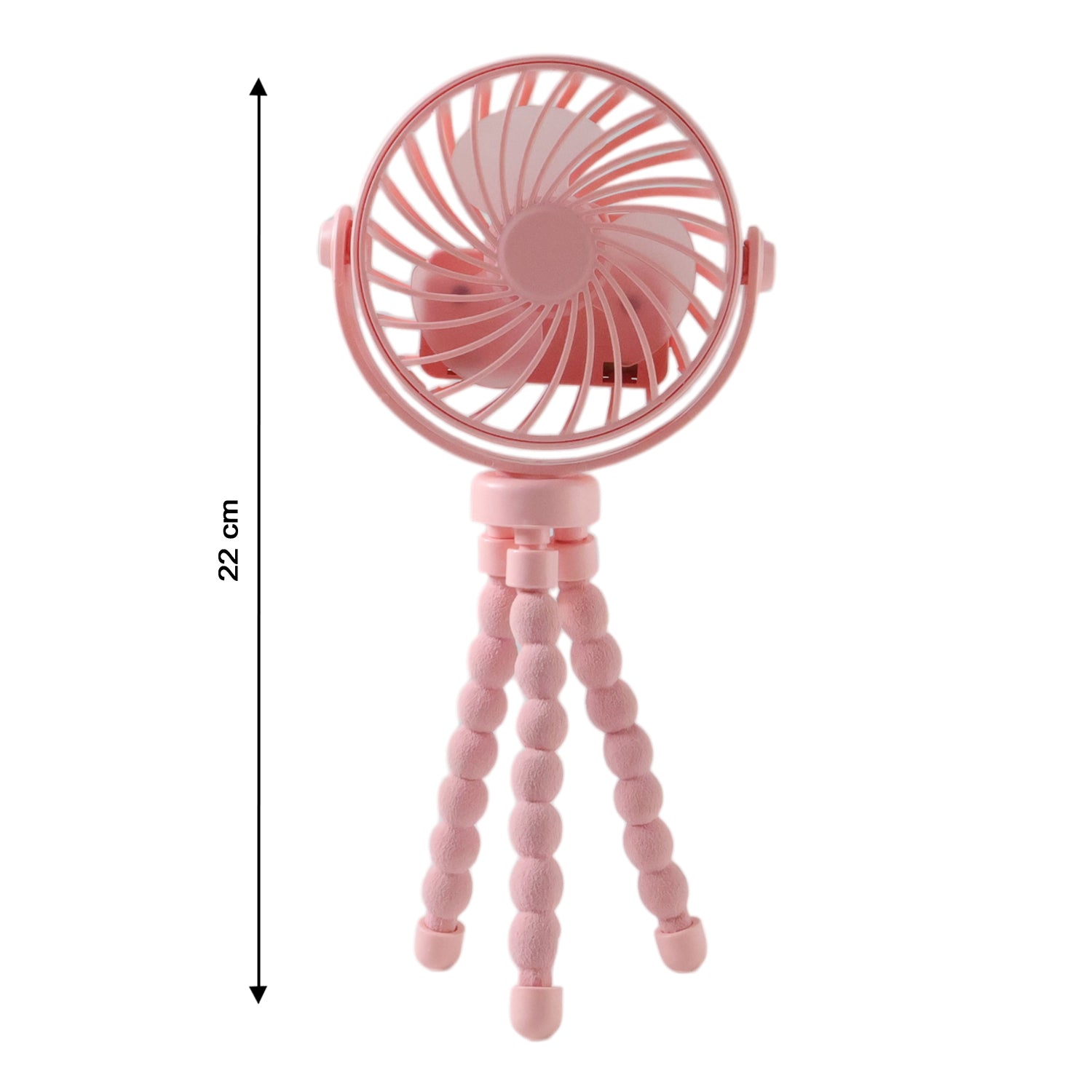 Portable fan mounted on flexible tripod stand in use outdoors
