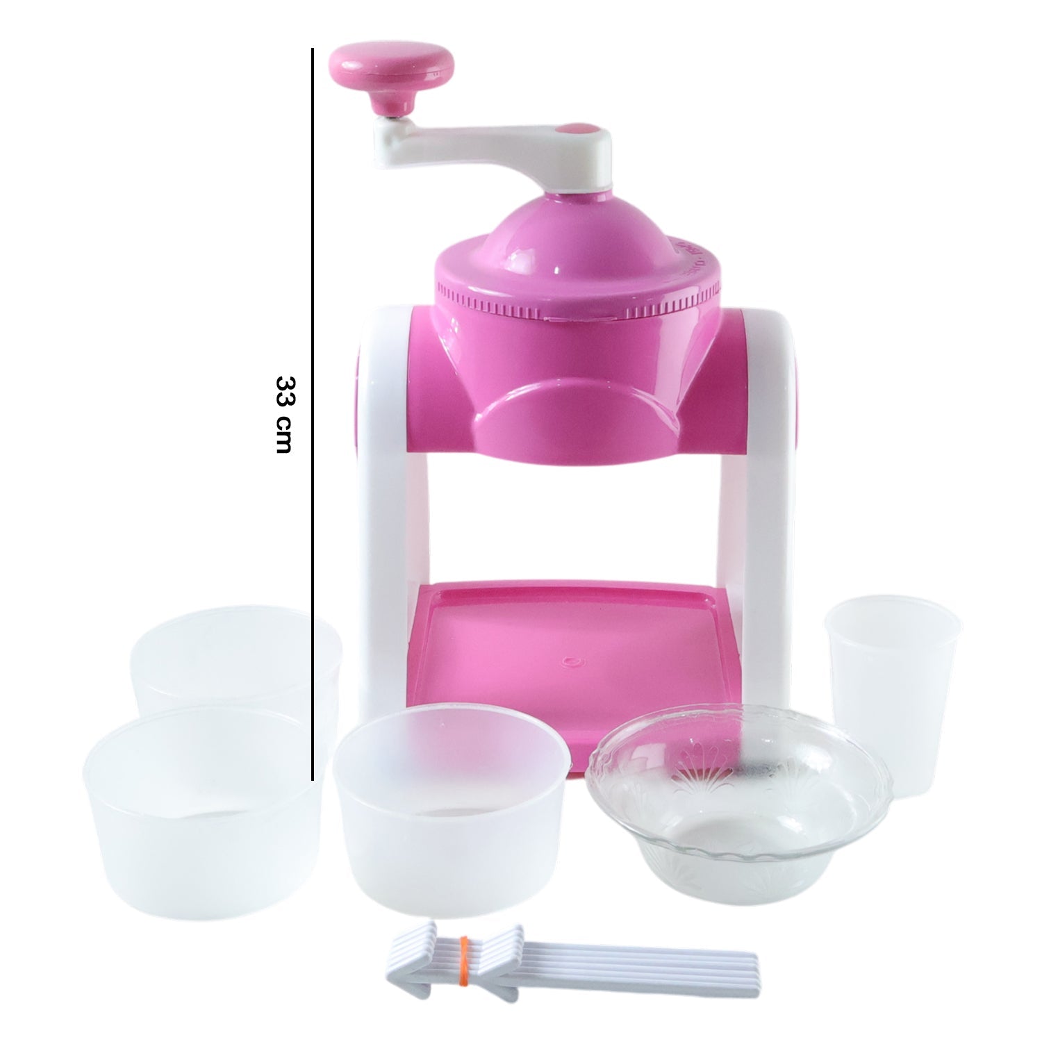 Fully assembled pink manual ice slush maker on kitchen counter