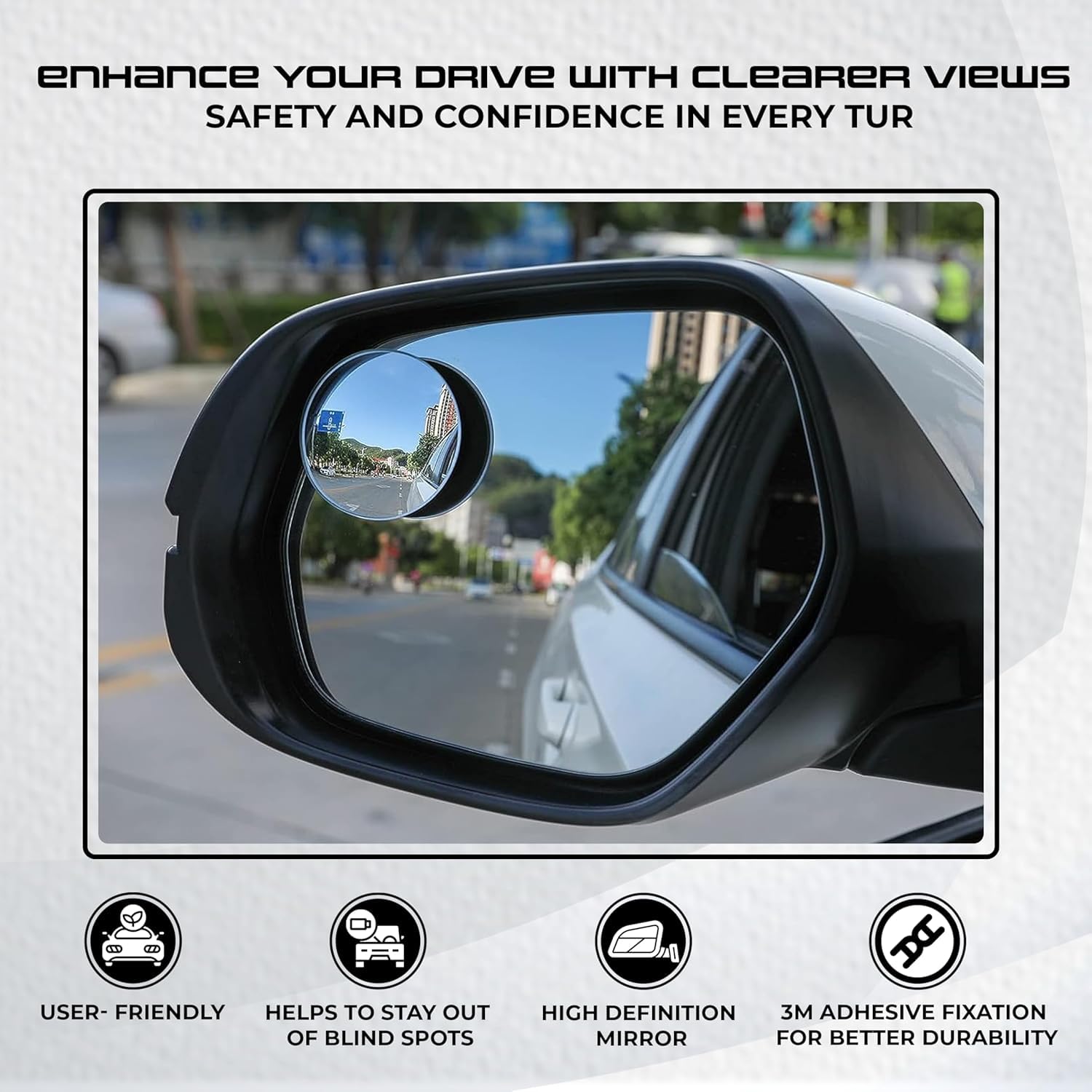 Stick-on blind spot mirror for easy installation