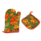 Cotton oven mitt safely holding a hot baking dish.