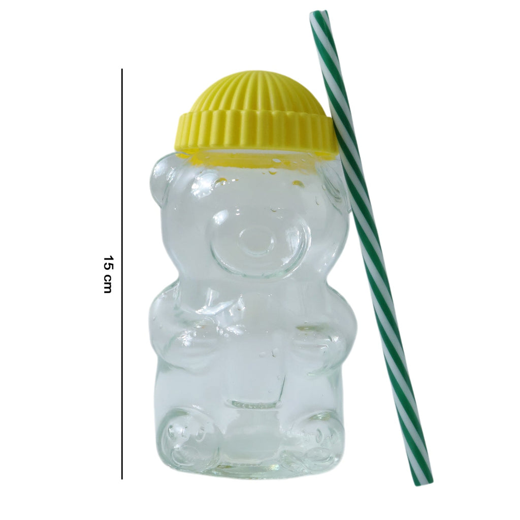 kids bear shape glass cup bottle with reusable straw